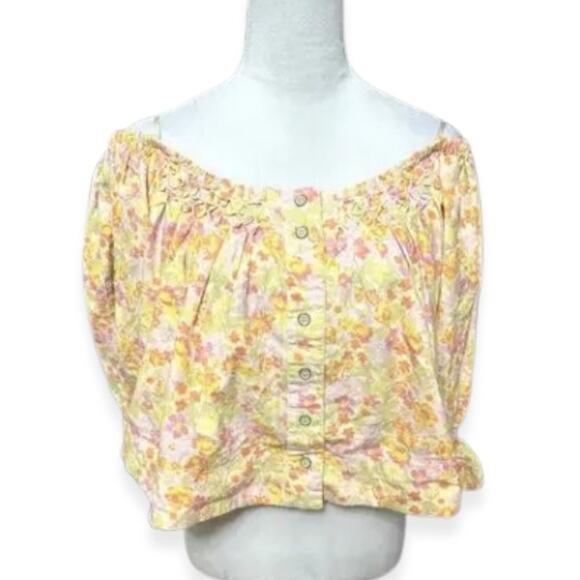 Free People Smocked Crop Top Off Shoulder Floral Button Front Multicolor W S NWT - Picture 2 of 11